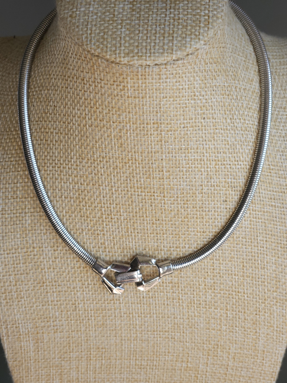 Vintage Coro Silver-ToSilver Statement Snake Chain Necklace with Geometric Clasp